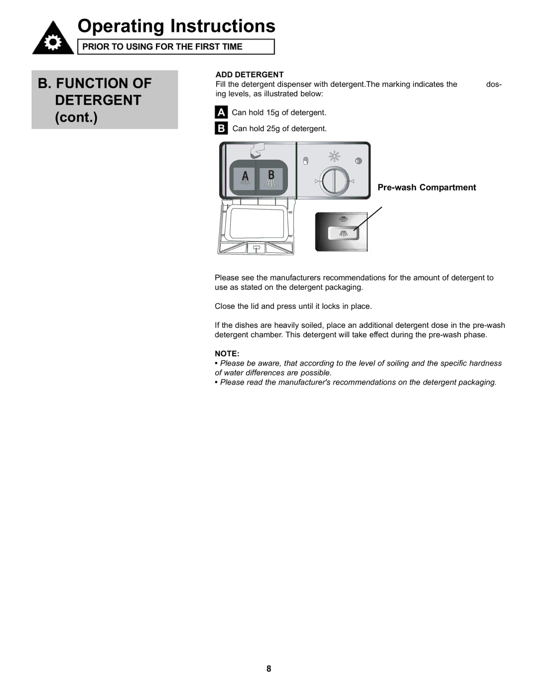 Danby DDW611WLED manual Pre-wash Compartment, Add Detergent 